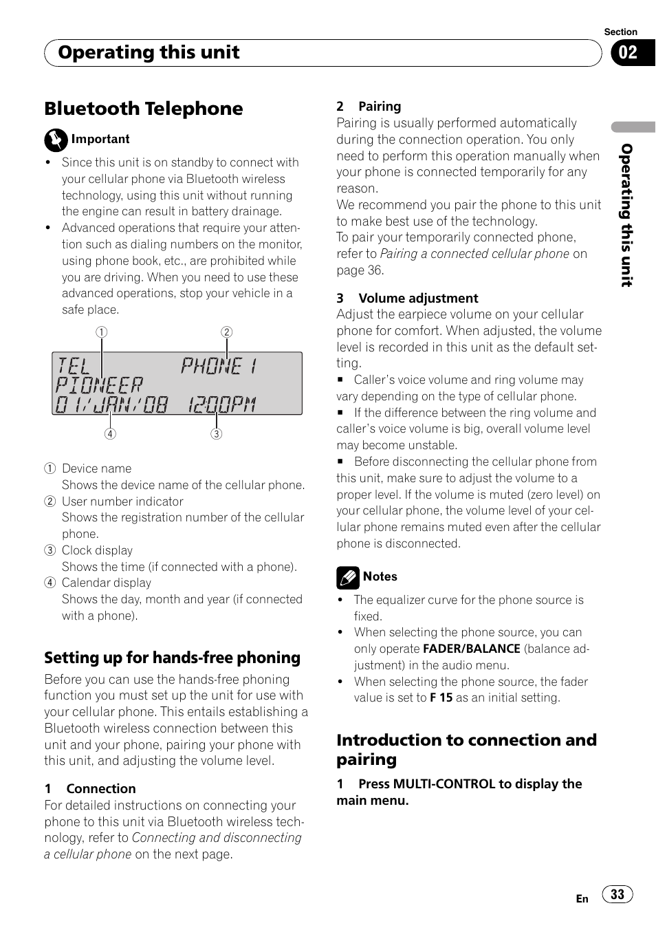 Bluetooth telephone, Setting up for hands-free phoning 33, Introduction to connection and | Pairing, Operating this unit, Setting up for hands-free phoning, Introduction to connection and pairing | Pioneer FH-P80BT User Manual | Page 33 / 77