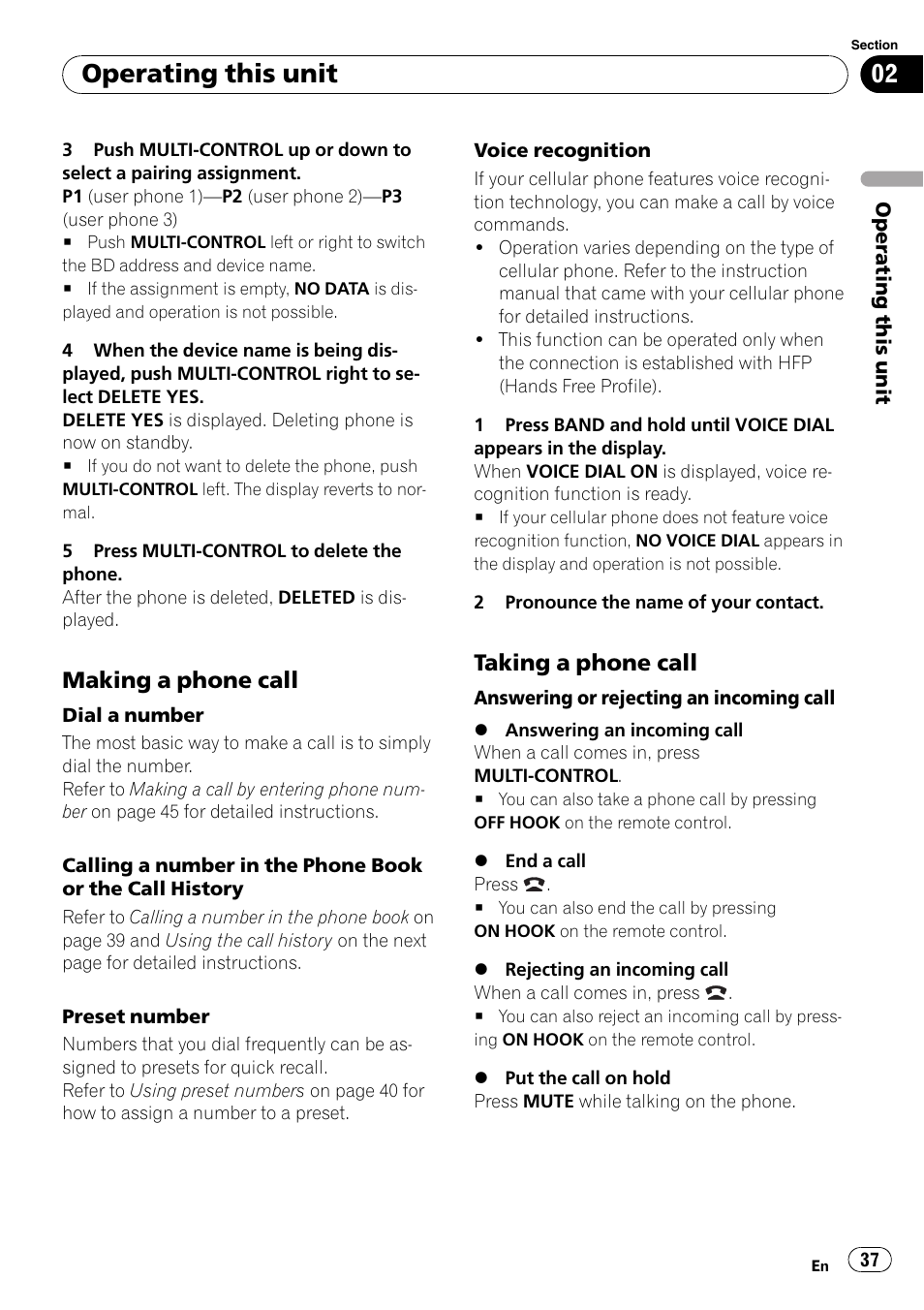 Making a phone call 37, Taking a phone call 37, Operating this unit | Making a phone call, Taking a phone call | Pioneer FH-P80BT User Manual | Page 37 / 77