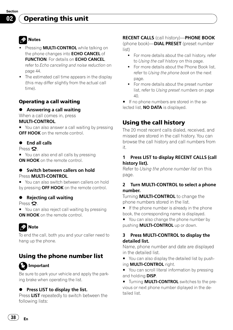 Using the phone number list 38, Using the call history 38, Operating this unit | Using the phone number list, Using the call history | Pioneer FH-P80BT User Manual | Page 38 / 77