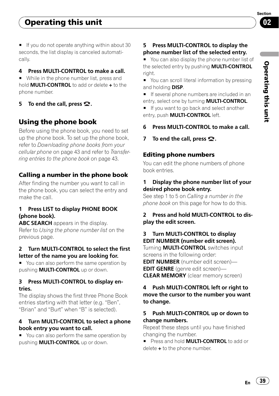 Using the phone book 39, Operating this unit, Using the phone book | Pioneer FH-P80BT User Manual | Page 39 / 77