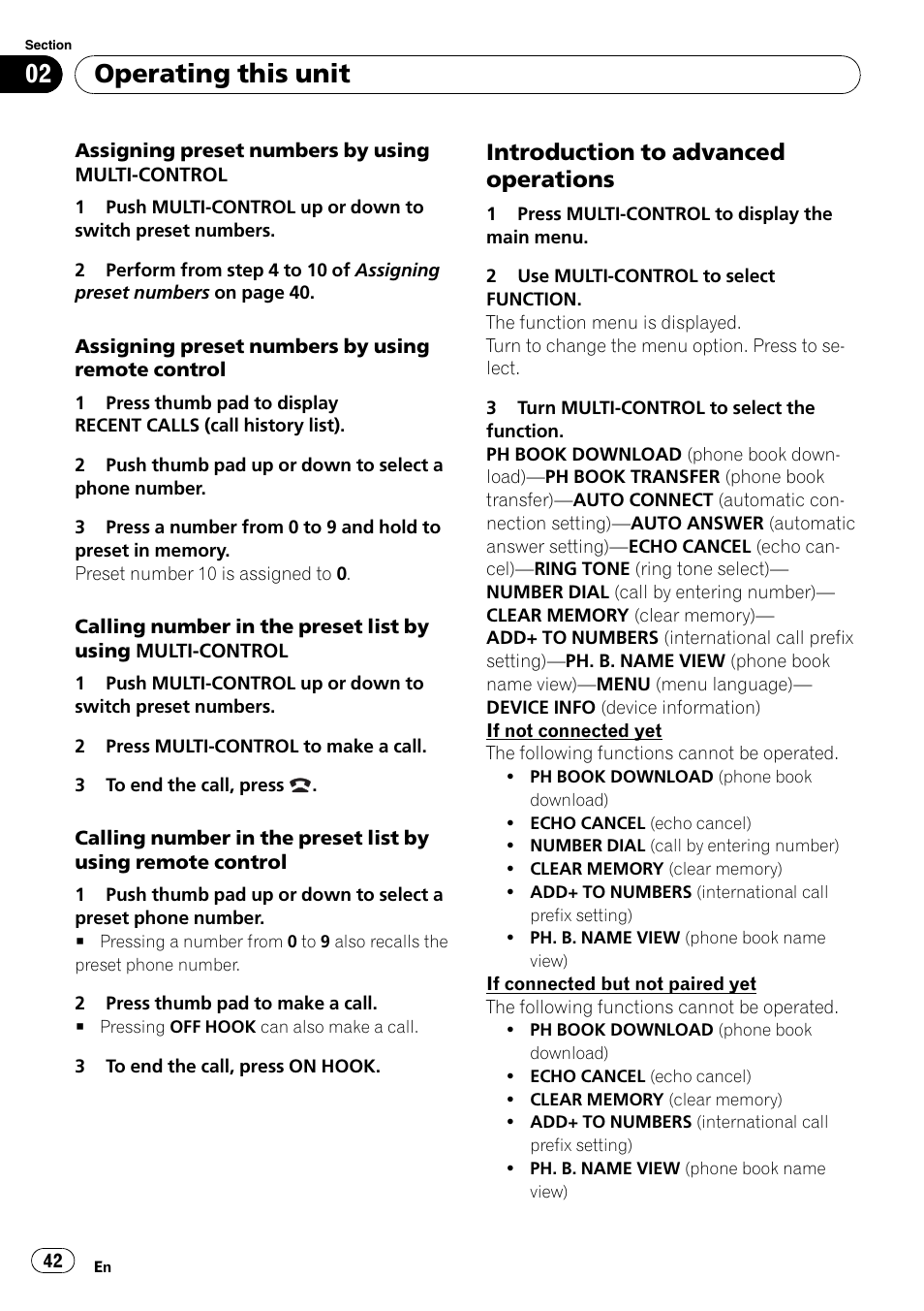 Introduction to advanced, Operations, Operating this unit | Introduction to advanced operations | Pioneer FH-P80BT User Manual | Page 42 / 77