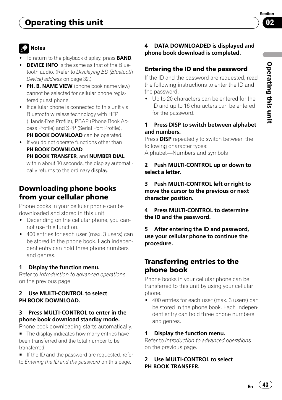 Downloading phone books from your, Cellular phone, Transferring entries to the phone | Book, Operating this unit, Downloading phone books from your cellular phone, Transferring entries to the phone book | Pioneer FH-P80BT User Manual | Page 43 / 77