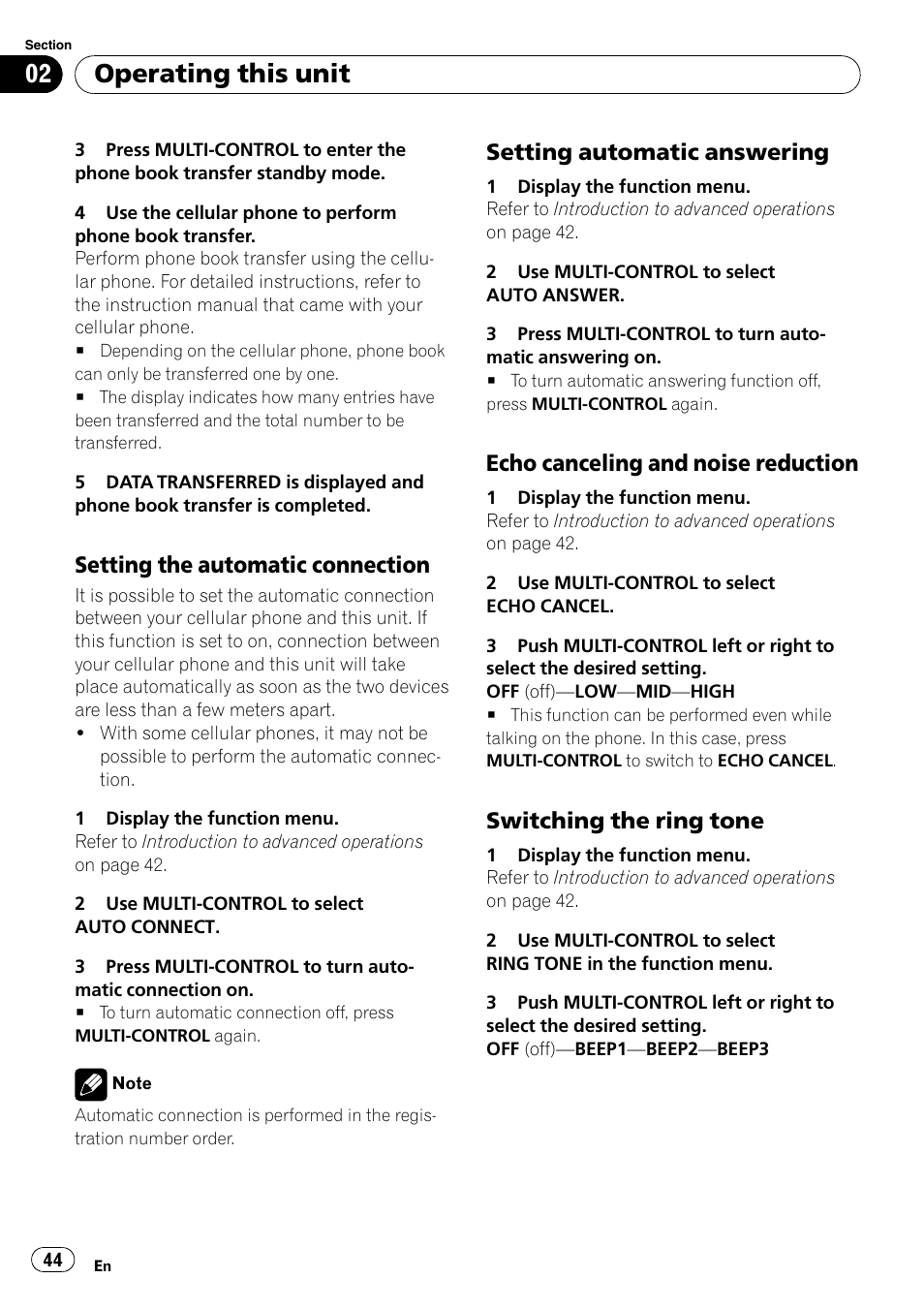 Setting the automatic connection 44, Setting automatic answering 44, Echo canceling and noise | Reduction, Switching the ring tone 44, Operating this unit, Setting the automatic connection, Setting automatic answering, Echo canceling and noise reduction, Switching the ring tone | Pioneer FH-P80BT User Manual | Page 44 / 77