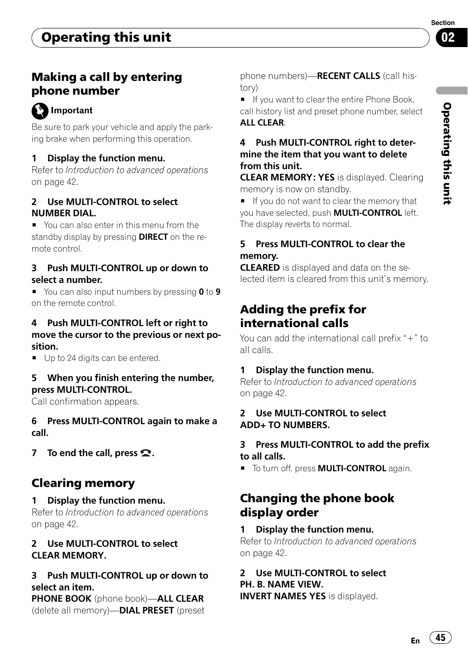 Making a call by entering phone, Number, Clearing memory 45 | Adding the prefix for international, Calls, Changing the phone book display, Order, Operating this unit, Making a call by entering phone number, Adding the prefix for international calls | Pioneer FH-P80BT User Manual | Page 45 / 77