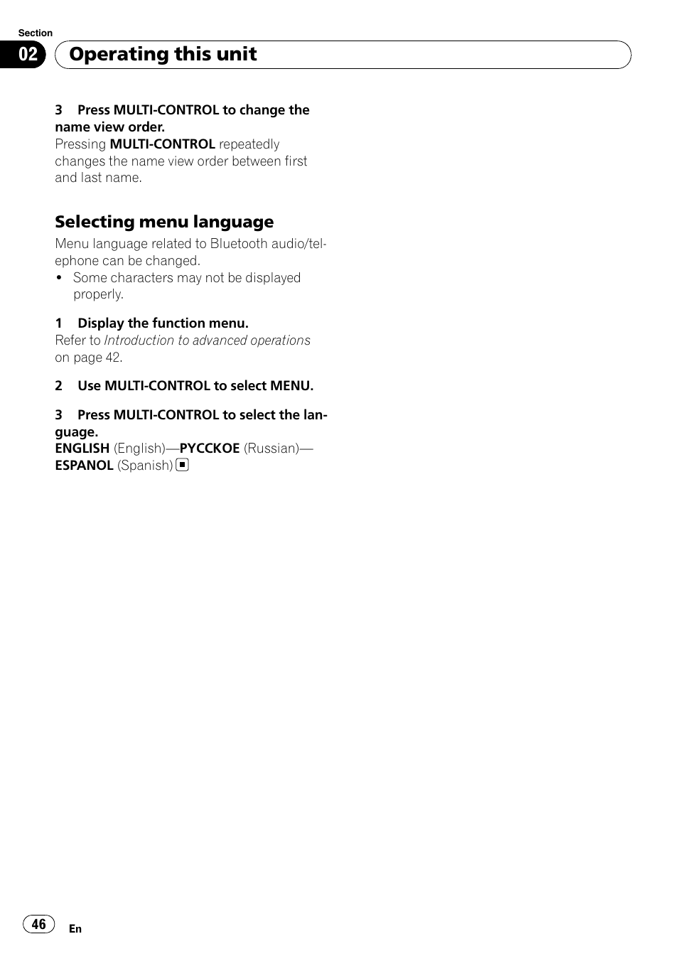 Selecting menu language 46, Operating this unit, Selecting menu language | Pioneer FH-P80BT User Manual | Page 46 / 77