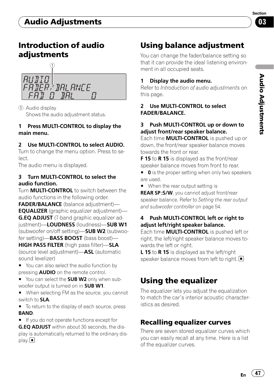 Using balance adjustment, Using the equalizer, Recalling equalizer curves 47 | Introduction of audio adjustments, Audio adjustments, Recalling equalizer curves | Pioneer FH-P80BT User Manual | Page 47 / 77