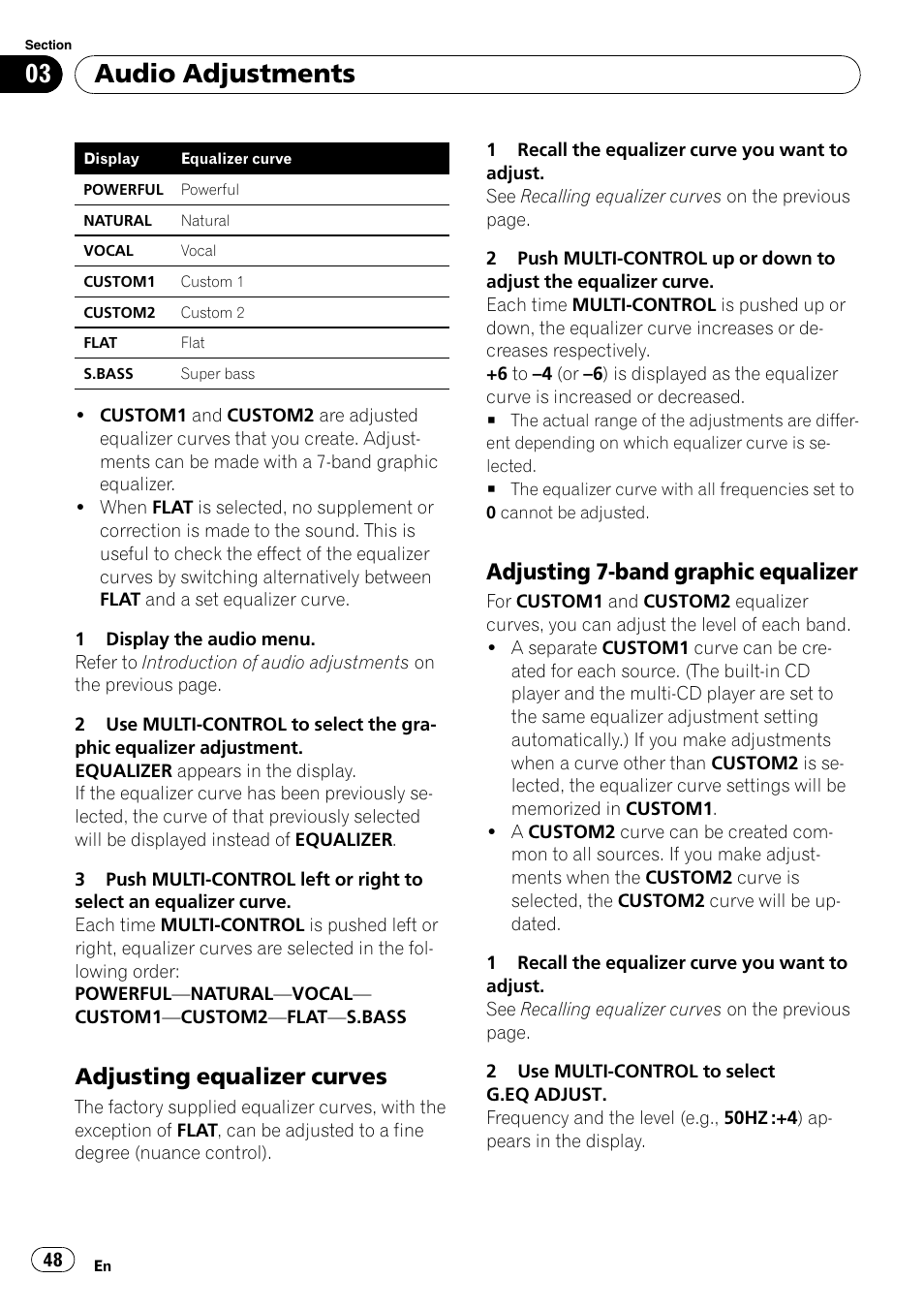 Adjusting equalizer curves 48, Adjusting 7-band graphic equalizer 48, Audio adjustments | Adjusting equalizer curves, Adjusting 7-band graphic equalizer | Pioneer FH-P80BT User Manual | Page 48 / 77