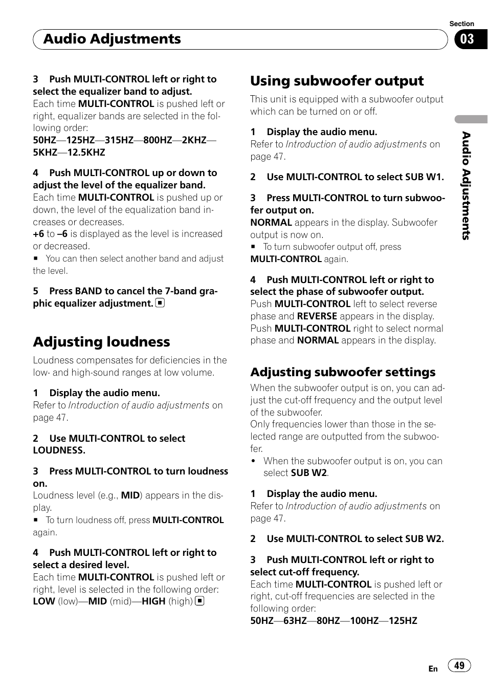 Adjusting loudness, Using subwoofer output, Adjusting subwoofer settings 49 | Audio adjustments, Adjusting subwoofer settings | Pioneer FH-P80BT User Manual | Page 49 / 77