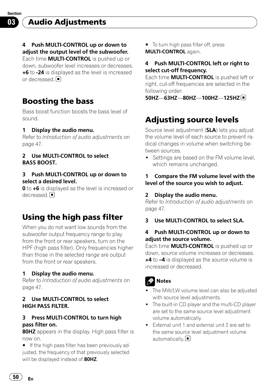 Boosting the bass, Using the high pass filter, Adjusting source levels | Audio adjustments | Pioneer FH-P80BT User Manual | Page 50 / 77