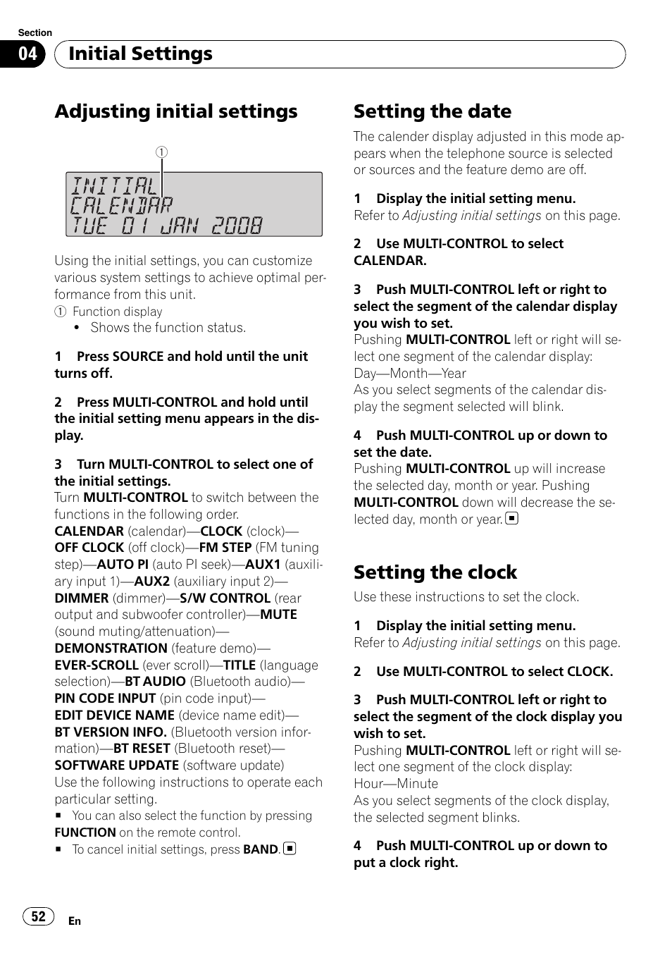 Initial settings adjusting initial settings, Setting the date, Setting the clock | Adjusting initial settings, Initial settings | Pioneer FH-P80BT User Manual | Page 52 / 77