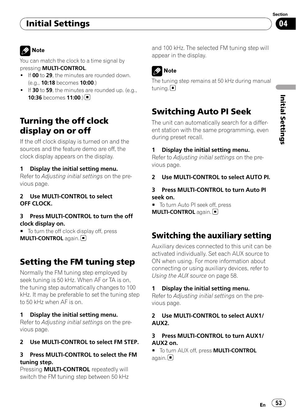 Turning the off clock display on or off, Setting the fm tuning step, Switching auto pi seek | Switching the auxiliary setting, Initial settings | Pioneer FH-P80BT User Manual | Page 53 / 77