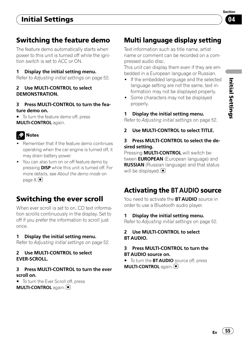 Switching the feature demo, Switching the ever scroll, Multi language display setting | Activating the bt audio source, Activating the, Bt audio source, Initial settings | Pioneer FH-P80BT User Manual | Page 55 / 77
