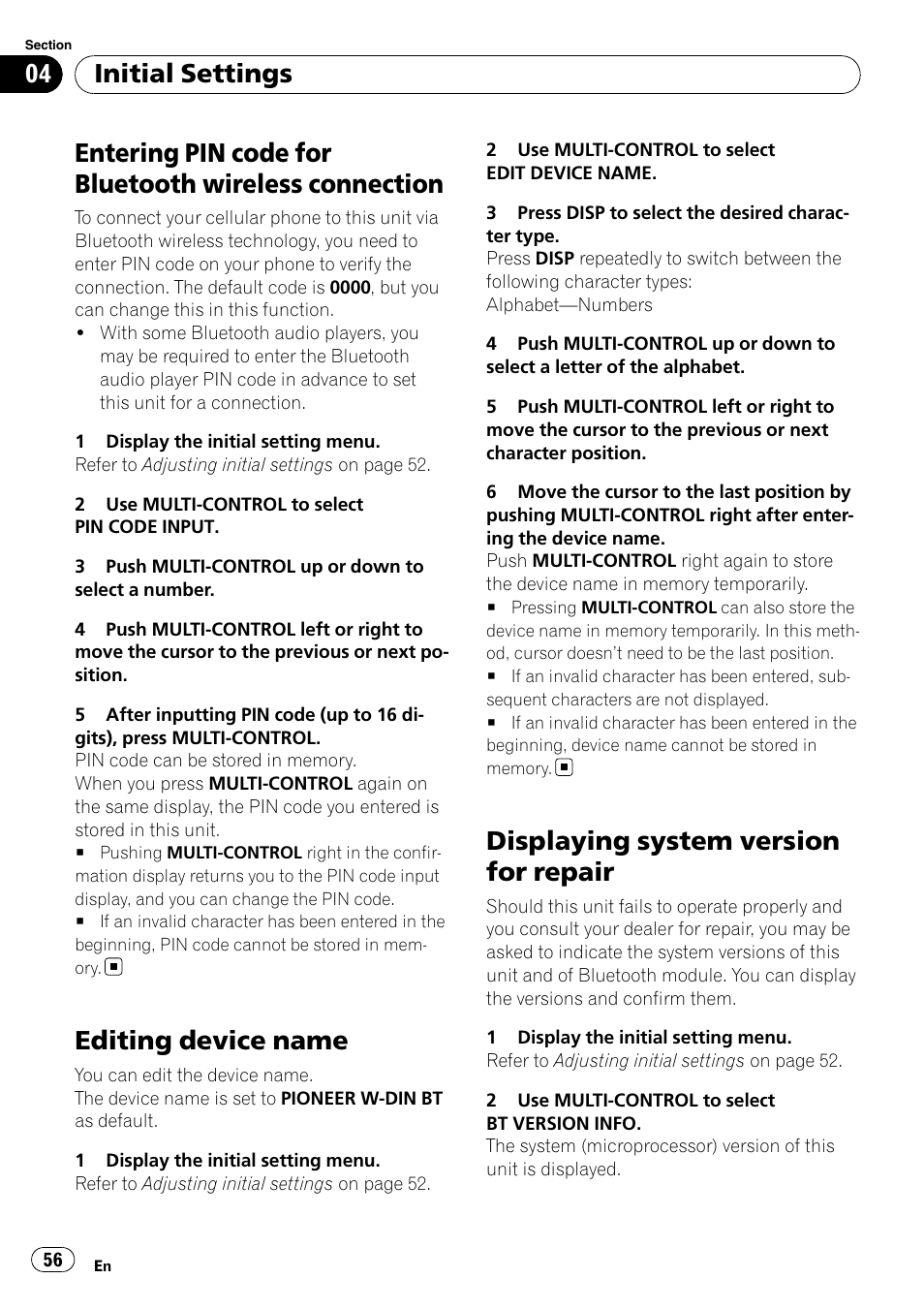Entering pin code for bluetooth wireless, Connection, Editing device name | Displaying system version for repair, Initial settings | Pioneer FH-P80BT User Manual | Page 56 / 77