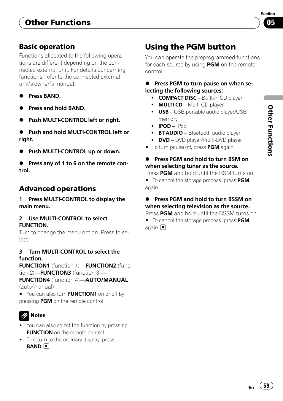 Basic operation 59, Advanced operations 59, Using the pgm button | Other functions, Basic operation, Advanced operations | Pioneer FH-P80BT User Manual | Page 59 / 77