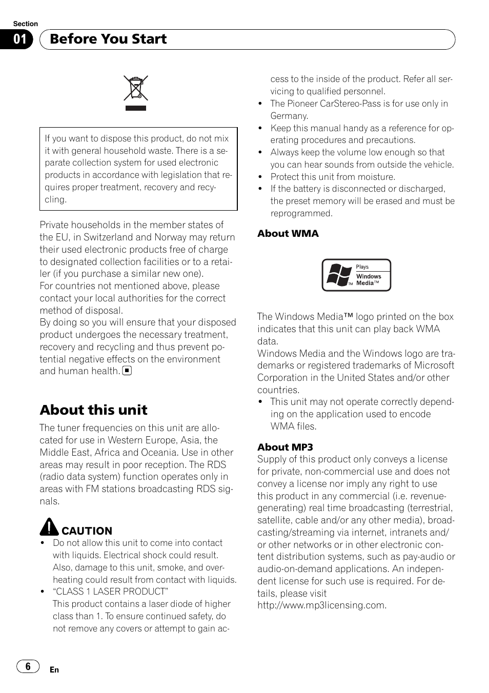 Before you start, About this unit | Pioneer FH-P80BT User Manual | Page 6 / 77
