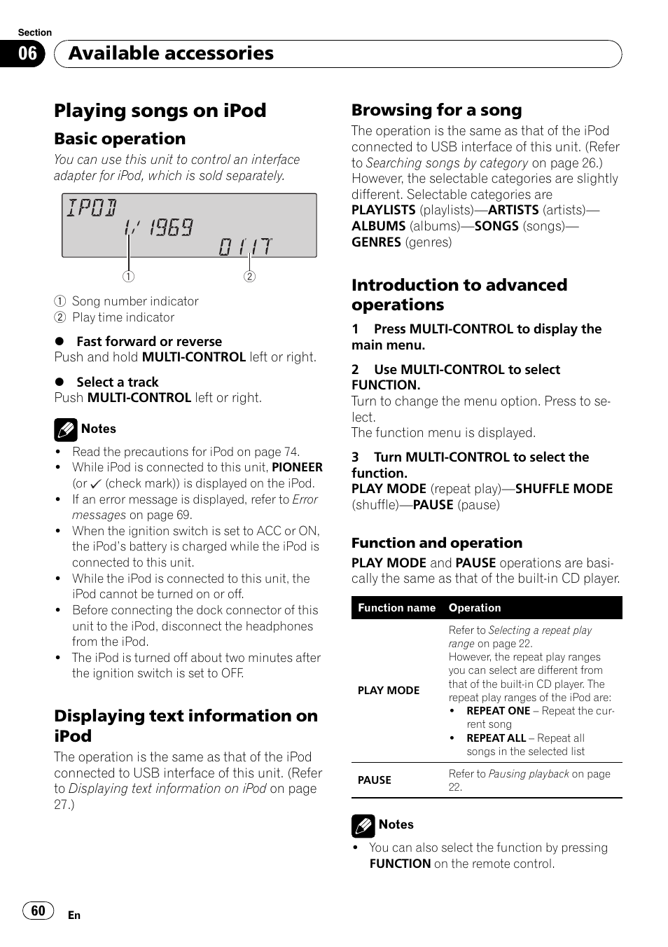 Available accessories playing songs on ipod, Basic operation 60, Displaying text information on | Ipod, Browsing for a song 60, Introduction to advanced, Operations, Playing songs on ipod, Available accessories, Basic operation | Pioneer FH-P80BT User Manual | Page 60 / 77