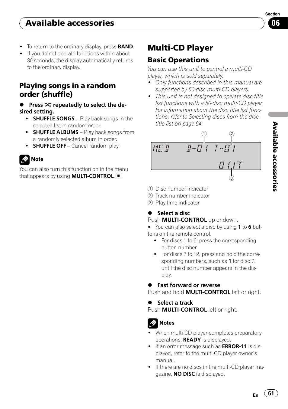 Playing songs in a random order, Shuffle), Multi-cd player | Basic operations 61, Available accessories, Playing songs in a random order (shuffle), Basic operations | Pioneer FH-P80BT User Manual | Page 61 / 77