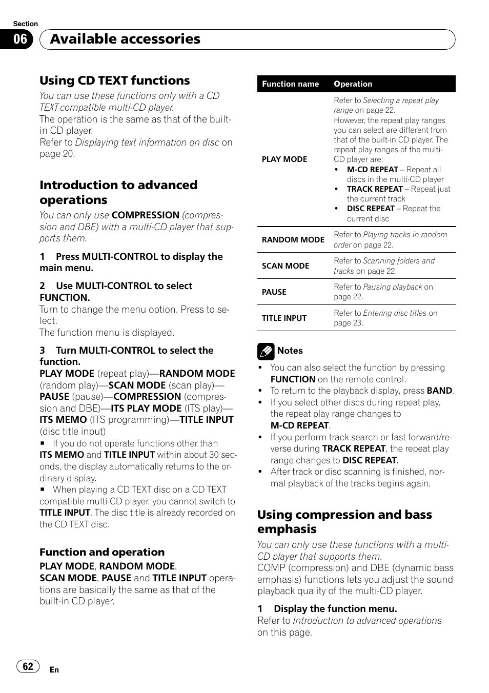 Using cd text functions 62, Introduction to advanced, Operations | Using compression and bass, Emphasis, Available accessories, Using cd text functions, Introduction to advanced operations, Using compression and bass emphasis | Pioneer FH-P80BT User Manual | Page 62 / 77