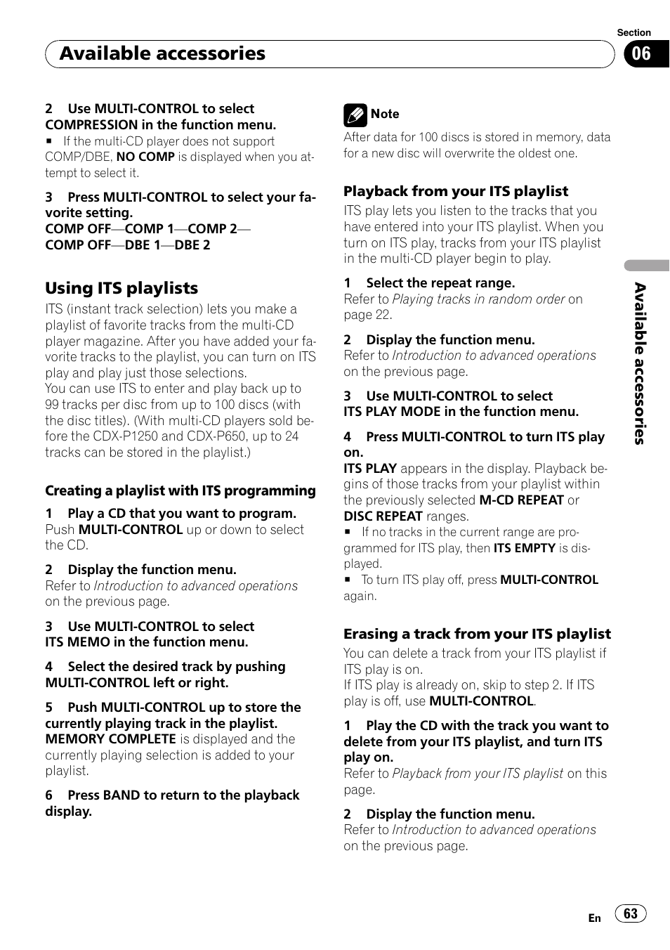Using its playlists 63, Available accessories, Using its playlists | Pioneer FH-P80BT User Manual | Page 63 / 77