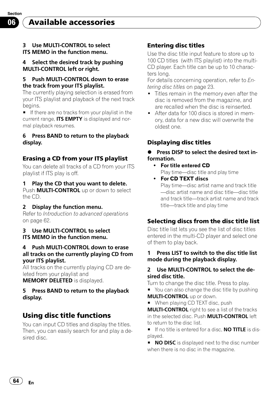 Using disc title functions 64, Available accessories, Using disc title functions | Pioneer FH-P80BT User Manual | Page 64 / 77