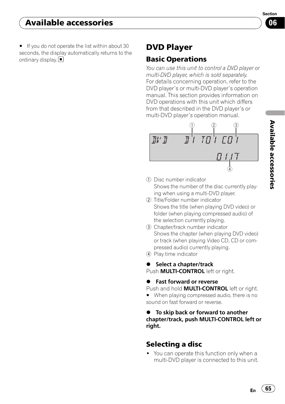 Dvd player, Basic operations 65, Selecting a disc 65 | Available accessories | Pioneer FH-P80BT User Manual | Page 65 / 77