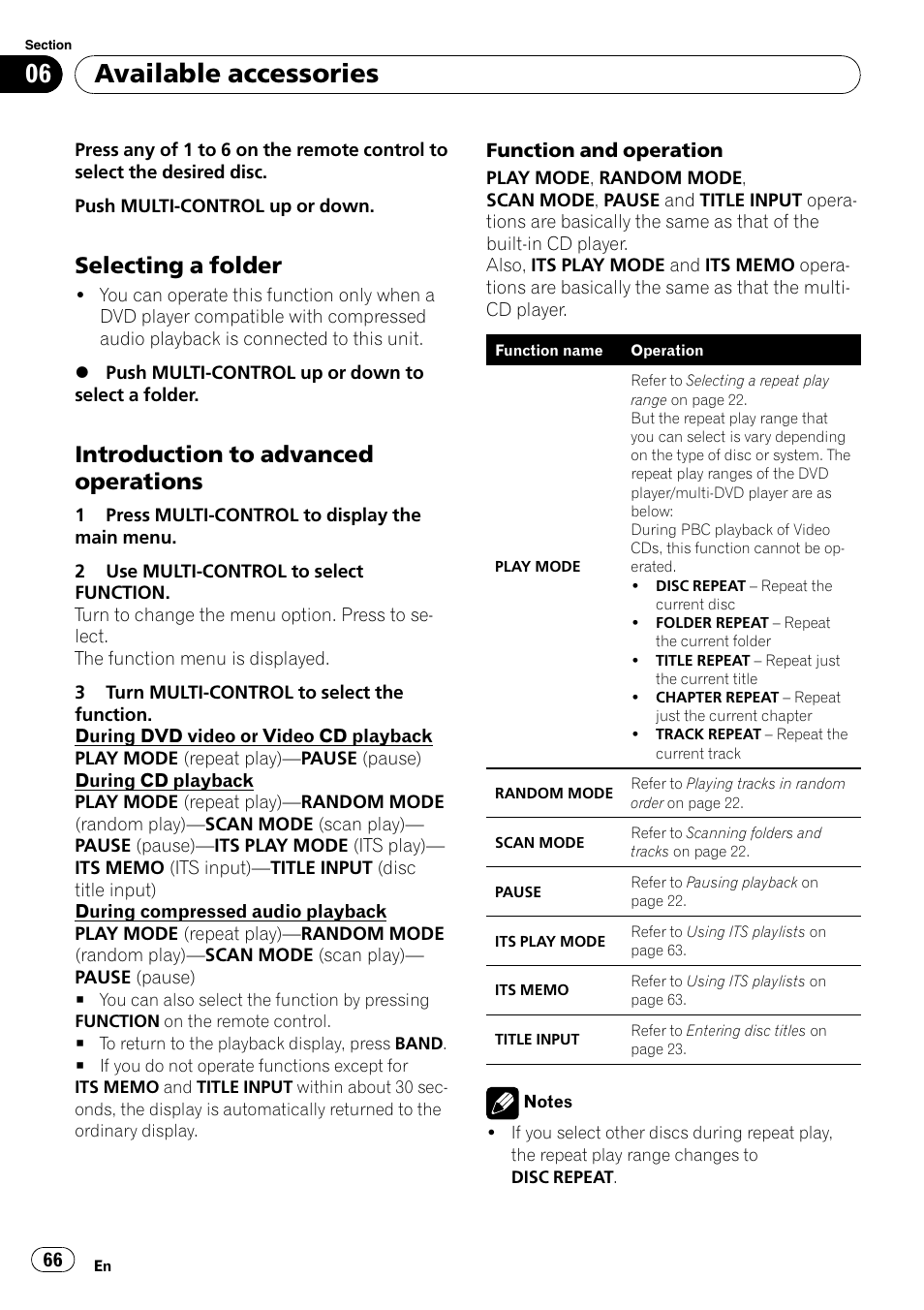 Selecting a folder 66, Introduction to advanced, Operations | Available accessories, Selecting a folder, Introduction to advanced operations | Pioneer FH-P80BT User Manual | Page 66 / 77