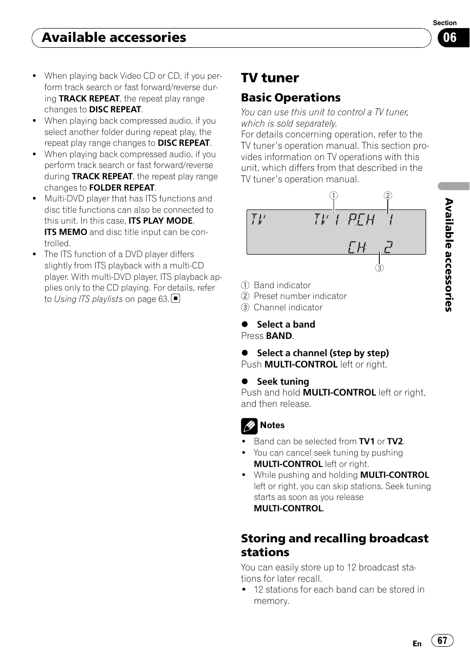 Tv tuner, Basic operations 67, Storing and recalling broadcast | Stations, Available accessories, Basic operations, Storing and recalling broadcast stations | Pioneer FH-P80BT User Manual | Page 67 / 77
