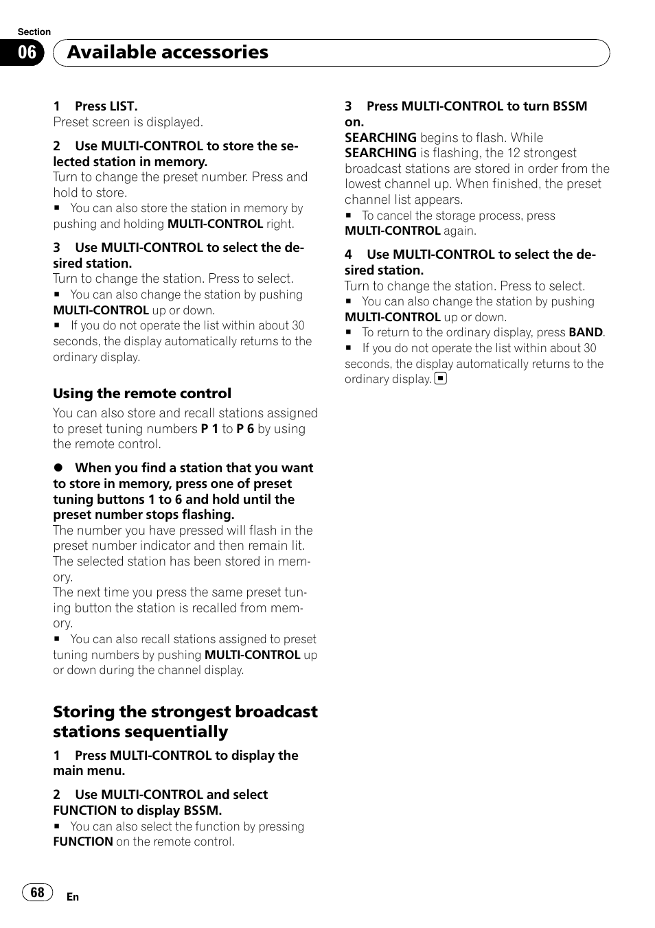 Storing the strongest broadcast, Stations sequentially, Available accessories | Pioneer FH-P80BT User Manual | Page 68 / 77