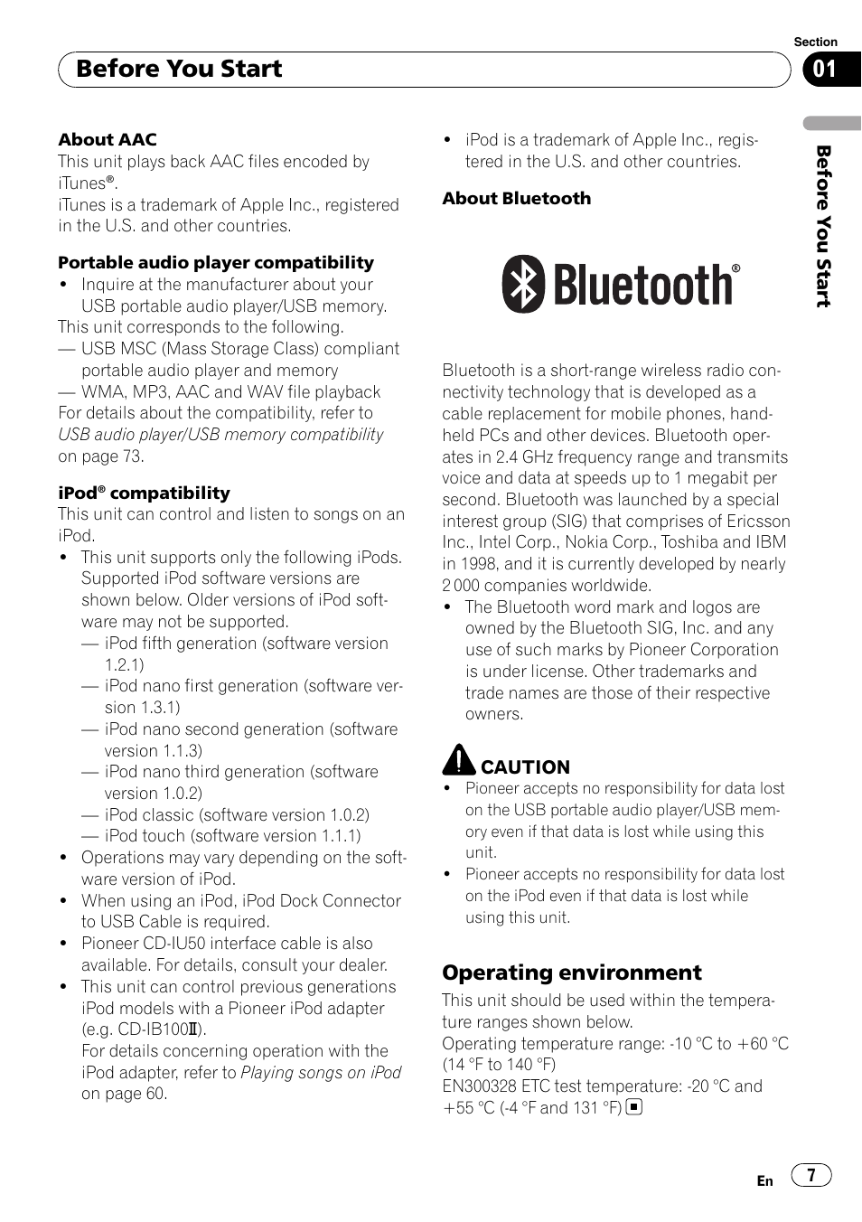 Operating environment 7, Before you start, Operating environment | Pioneer FH-P80BT User Manual | Page 7 / 77