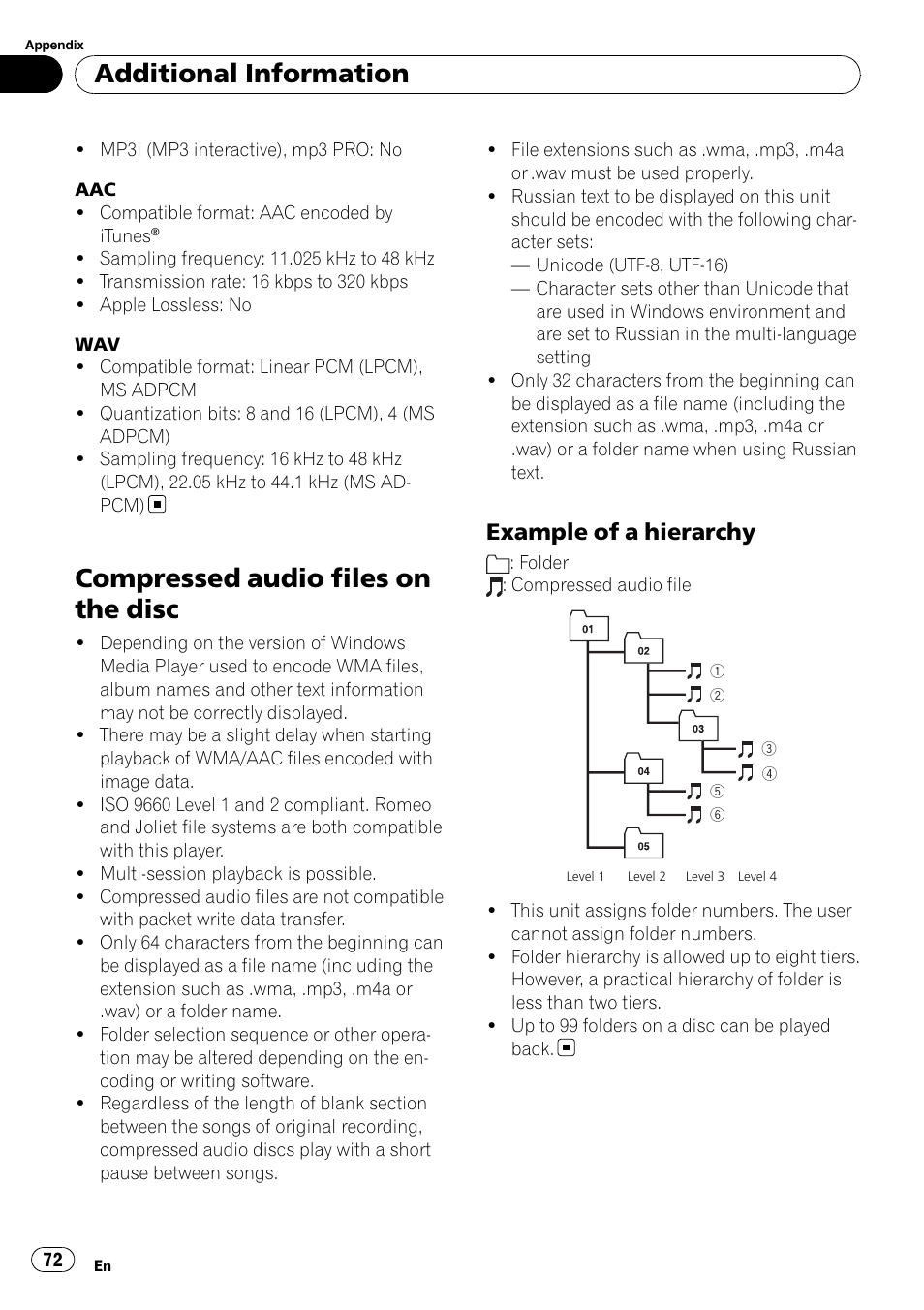 Compressed audio files on the disc, Example of a hierarchy 72, Additional information | Example of a hierarchy | Pioneer FH-P80BT User Manual | Page 72 / 77