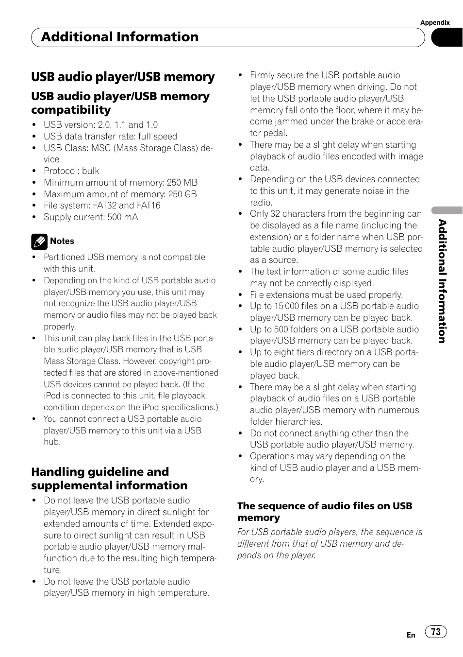 Usb audio player/usb memory, Compatibility, Handling guideline and supplemental | Information, Additional information, Handling guideline and supplemental information | Pioneer FH-P80BT User Manual | Page 73 / 77