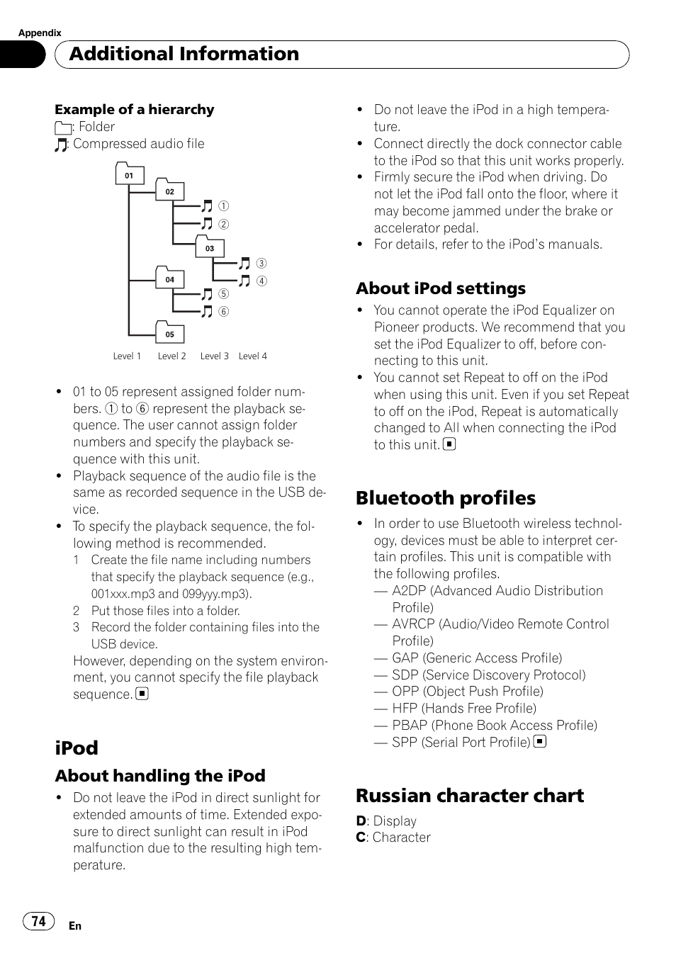 Ipod, About handling the ipod 74, About ipod settings 74 | Bluetooth profiles, Russian character chart, Additional information, About handling the ipod, About ipod settings | Pioneer FH-P80BT User Manual | Page 74 / 77