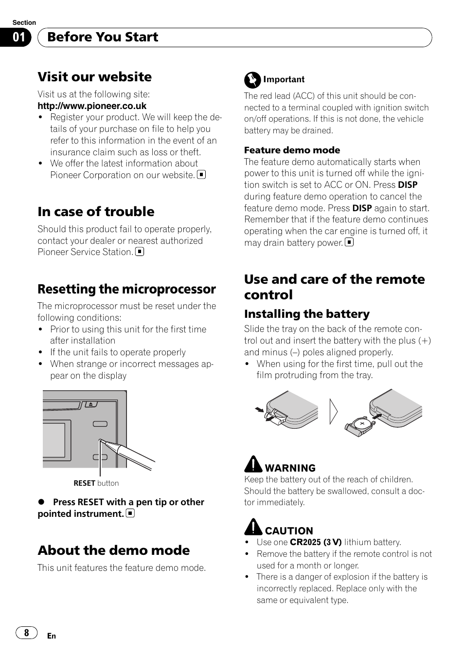 Visit our website, In case of trouble, Resetting the microprocessor | About the demo mode, Use and care of the remote control, Installing the battery 8, Before you start | Pioneer FH-P80BT User Manual | Page 8 / 77