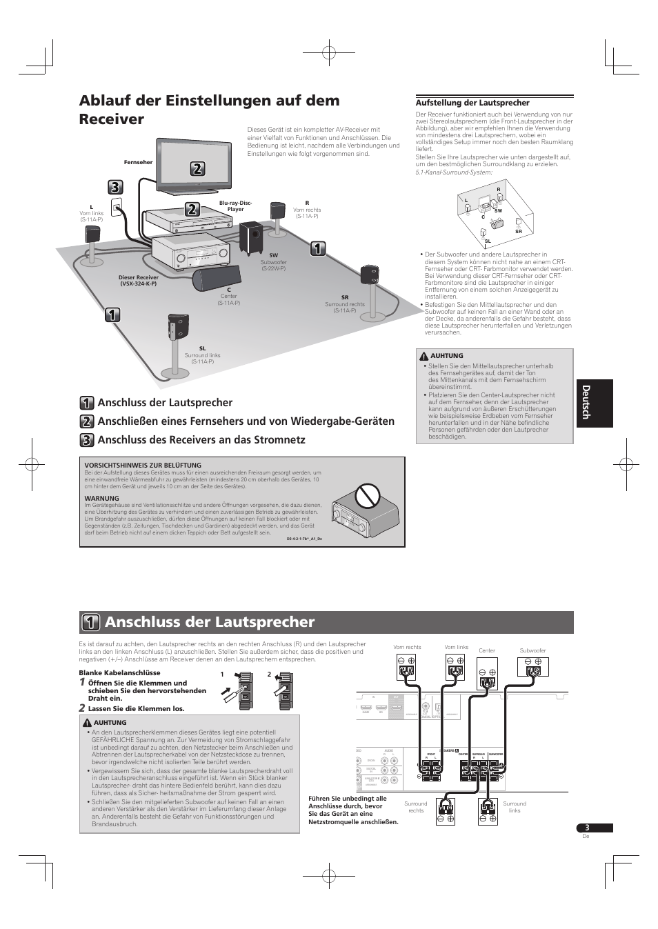 Anschluss der lautsprecher, Ablauf der einstellungen auf dem receiver, Aufstellung der lautsprecher | Pioneer HTP-073 User Manual | Page 23 / 28