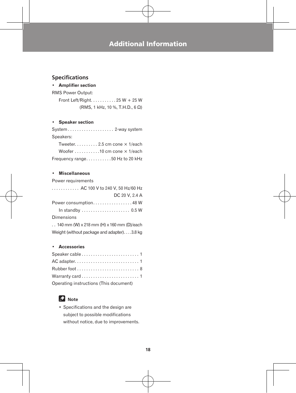 Additional information, Specifications | Pioneer XW-BTS5-W User Manual | Page 18 / 112