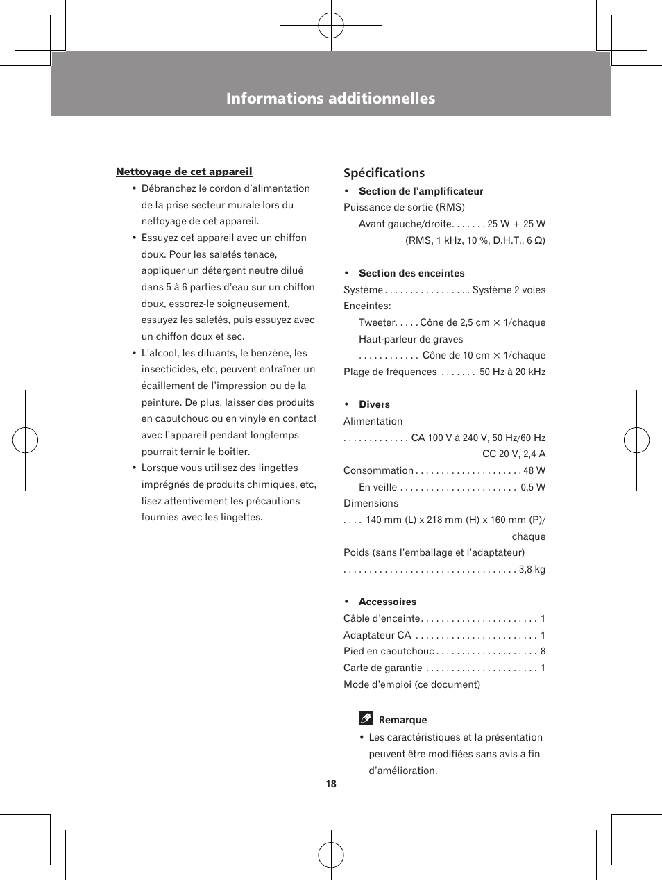 Informations additionnelles, Spécifications | Pioneer XW-BTS5-W User Manual | Page 36 / 112