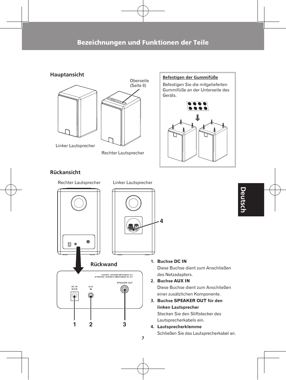 Bezeichnungen und funktionen der teile, Hauptansicht rückansicht rückwand oberseite, Deutsch | Pioneer XW-BTS5-W User Manual | Page 61 / 112