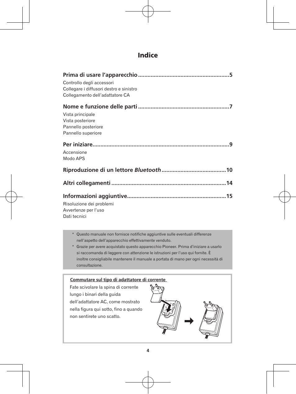 Diffusore wireless, Istruzioni per l’uso, Indice | Pioneer XW-BTS5-W User Manual | Page 76 / 112