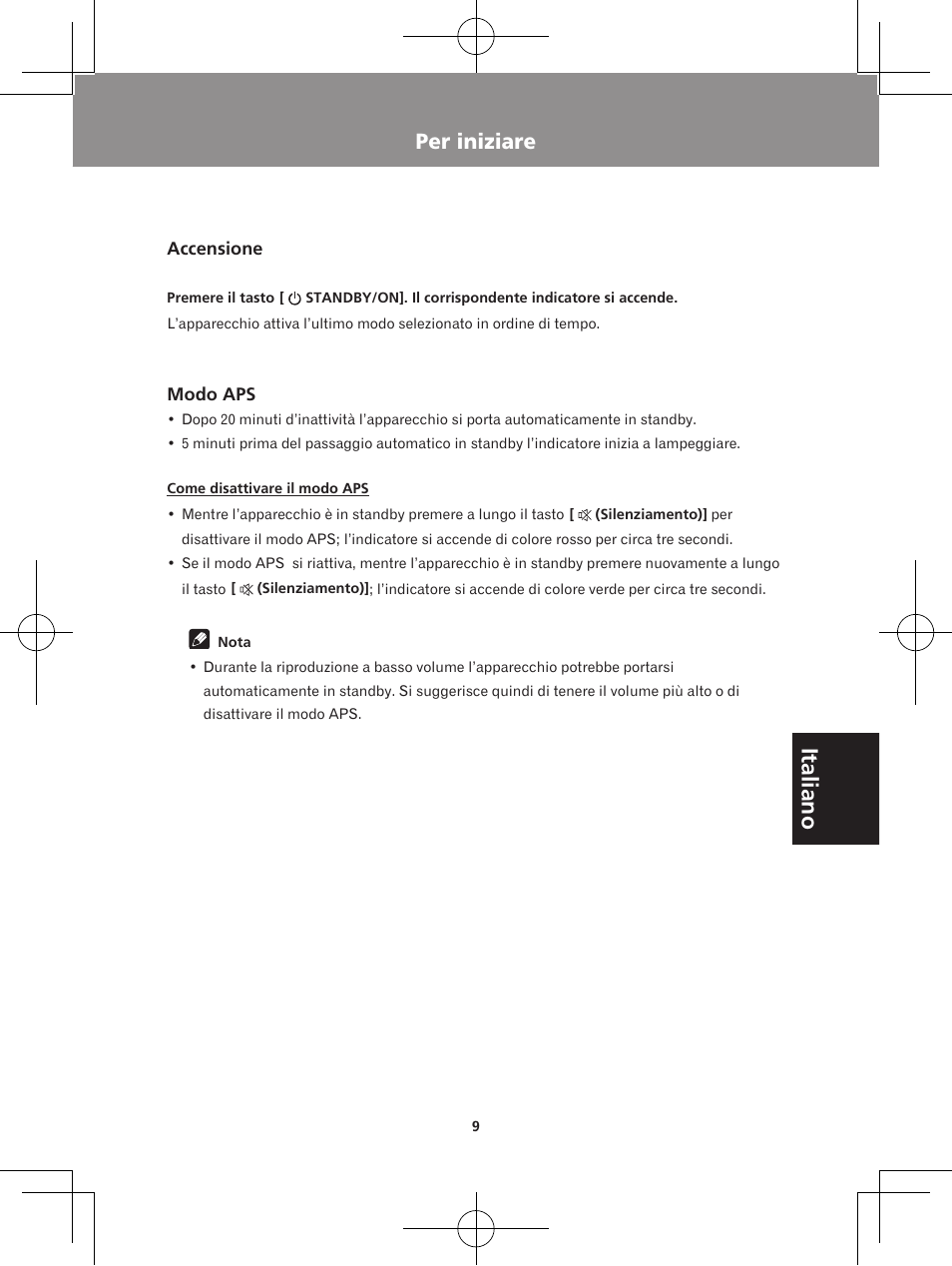 Per iniziare, Accensione modo aps, Italiano | Pioneer XW-BTS5-W User Manual | Page 81 / 112