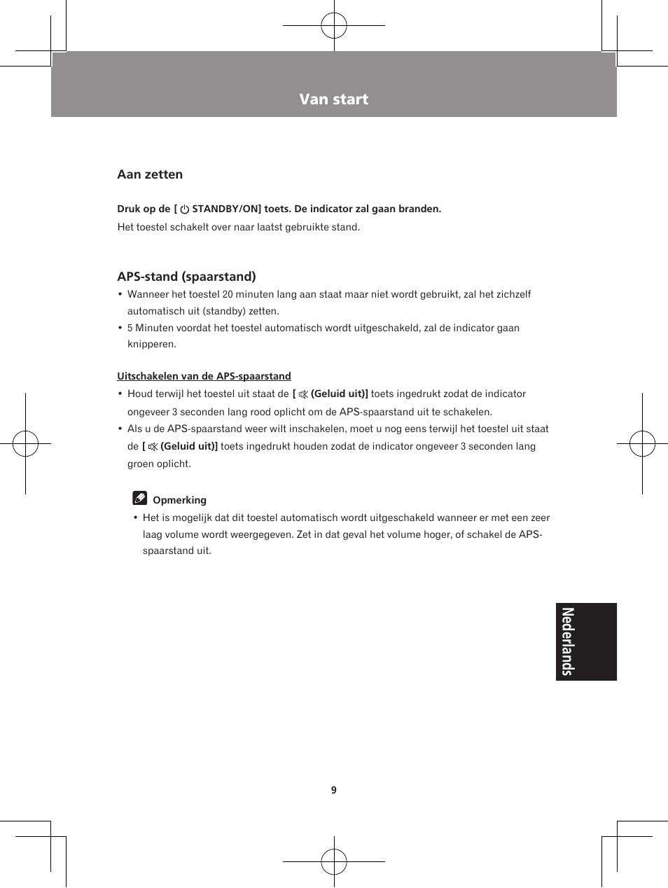 Van start, Aan zetten aps-stand (spaarstand), Nederlands | Pioneer XW-BTS5-W User Manual | Page 99 / 112