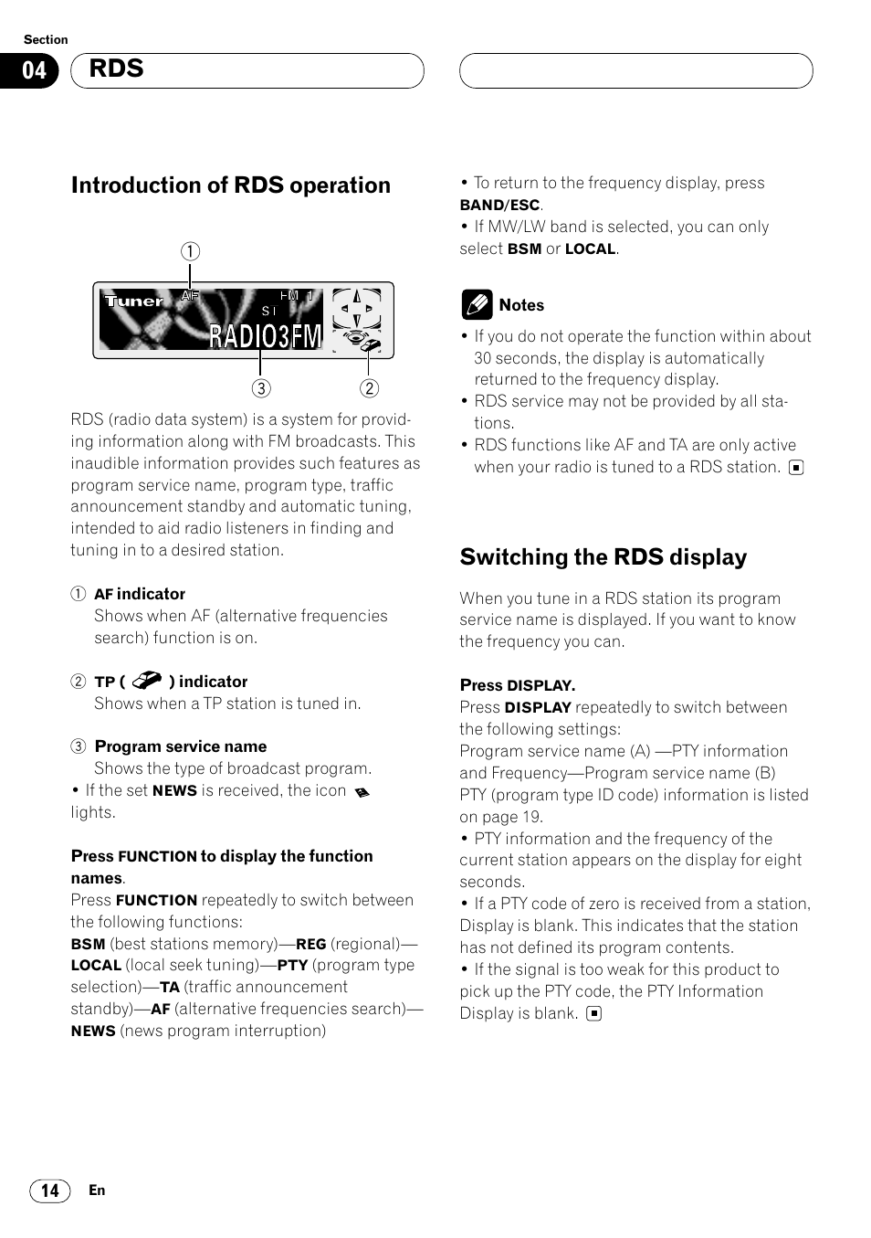 Introduction of rds operation, Switching the rds display | Pioneer DEH-P6400R User Manual | Page 14 / 96