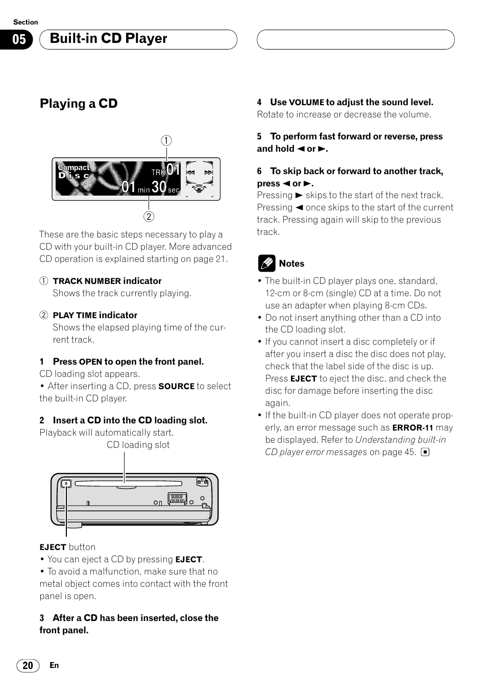 Built-in cd player playing a cd 20, Built-in cd player, Playing a cd | Pioneer DEH-P6400R User Manual | Page 20 / 96