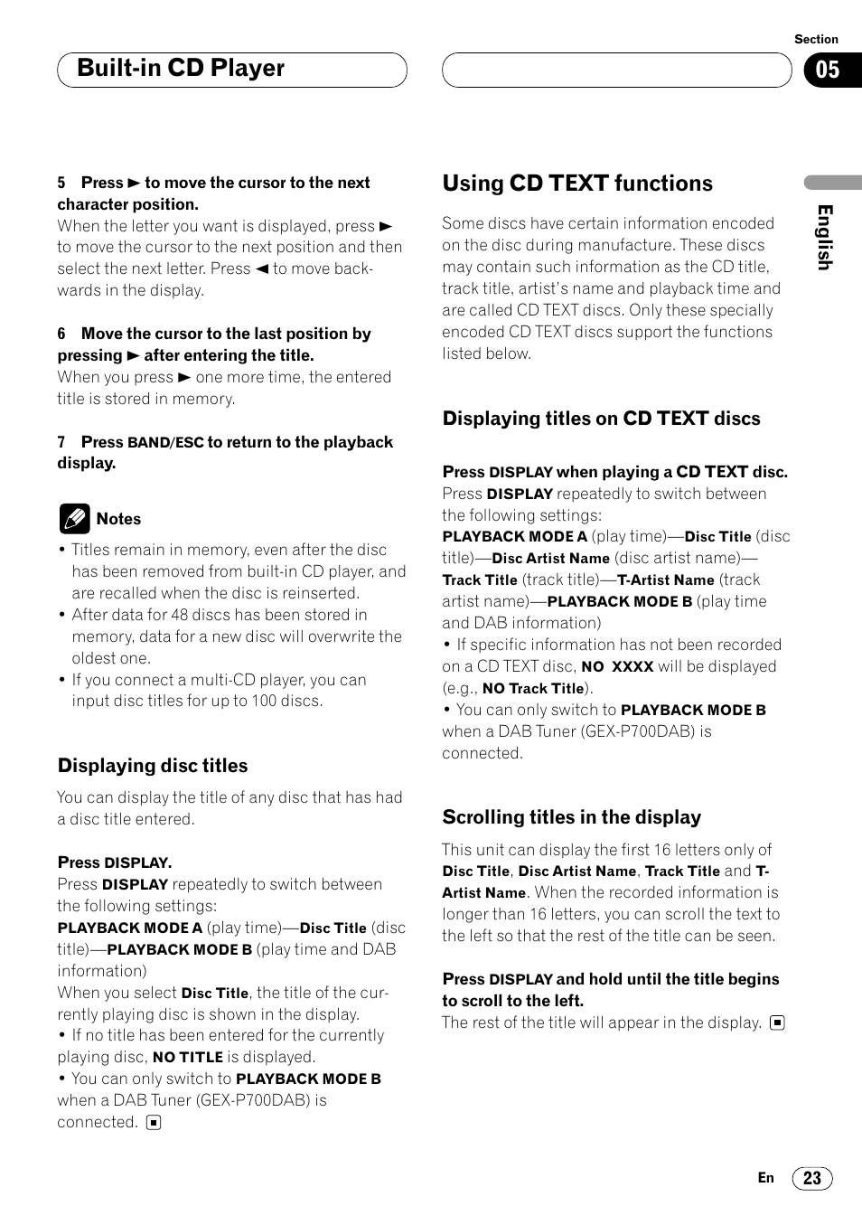 Displaying disc titles 23, Using cd text functions 23, Built-in cd player | Using cd text functions | Pioneer DEH-P6400R User Manual | Page 23 / 96