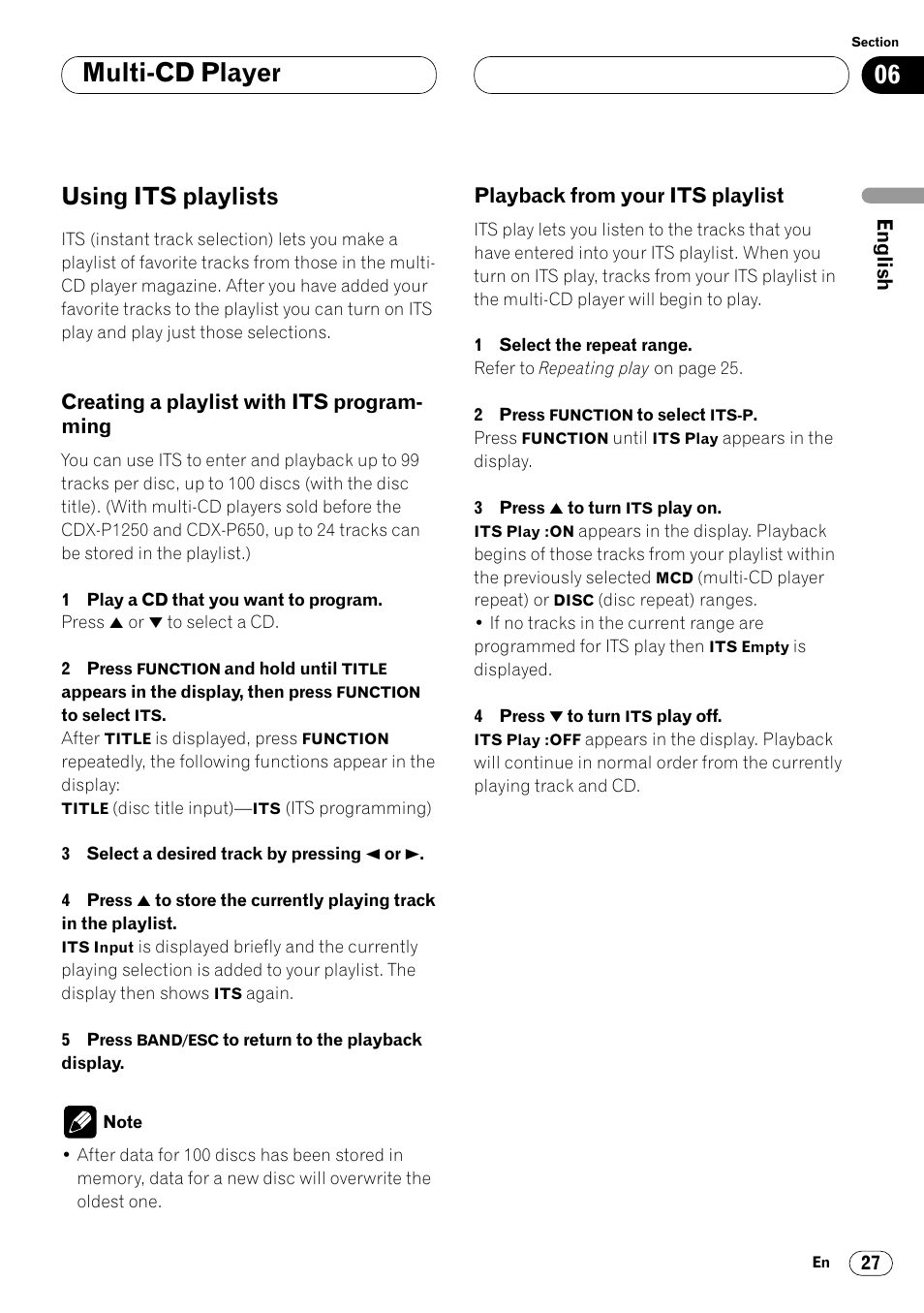 Using its playlists 27, Creating a playlist with its, Programming 27 | Playback from your its playlist 27, Multi-cd player, Using its playlists | Pioneer DEH-P6400R User Manual | Page 27 / 96