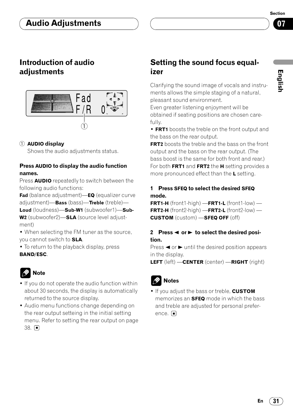 Audio adjustments, Introduction of audio adjustments, Setting the sound focus equal- izer | Pioneer DEH-P6400R User Manual | Page 31 / 96