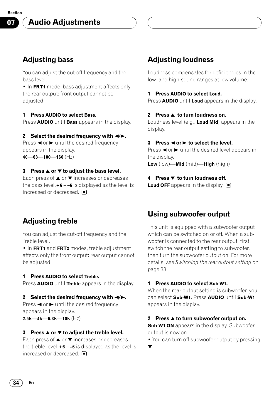 Audio adjustments, Adjusting bass, Adjusting treble | Adjusting loudness, Using subwoofer output | Pioneer DEH-P6400R User Manual | Page 34 / 96