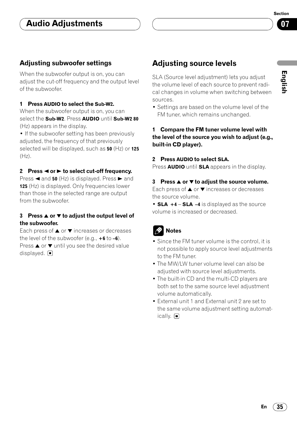 Adjusting subwoofer settings 35, Adjusting source levels 35, Audio adjustments | Adjusting source levels | Pioneer DEH-P6400R User Manual | Page 35 / 96