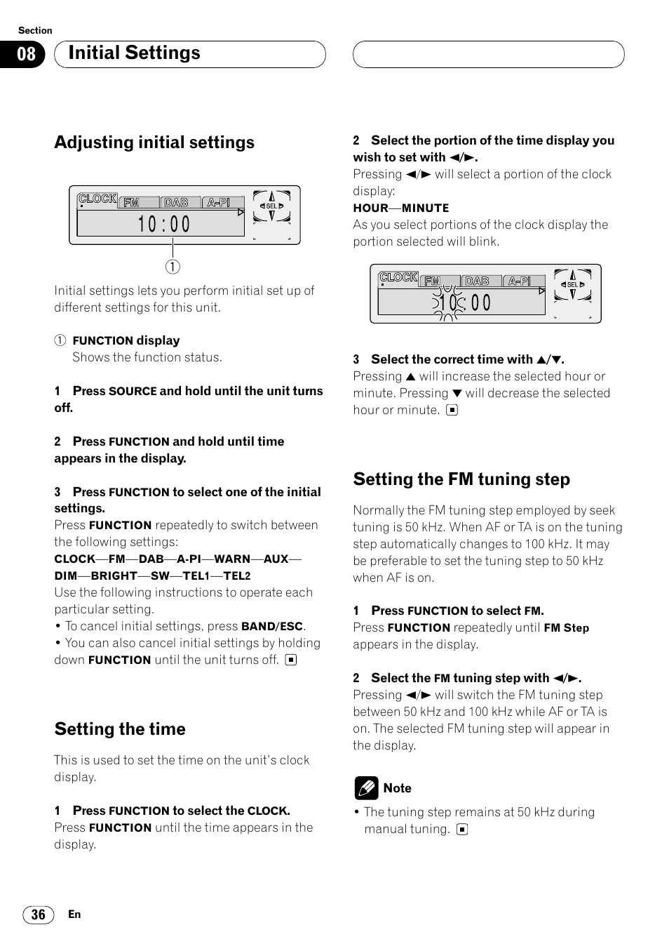 Initial settings, Adjusting initial settings, Setting the time | Setting the fm tuning step | Pioneer DEH-P6400R User Manual | Page 36 / 96