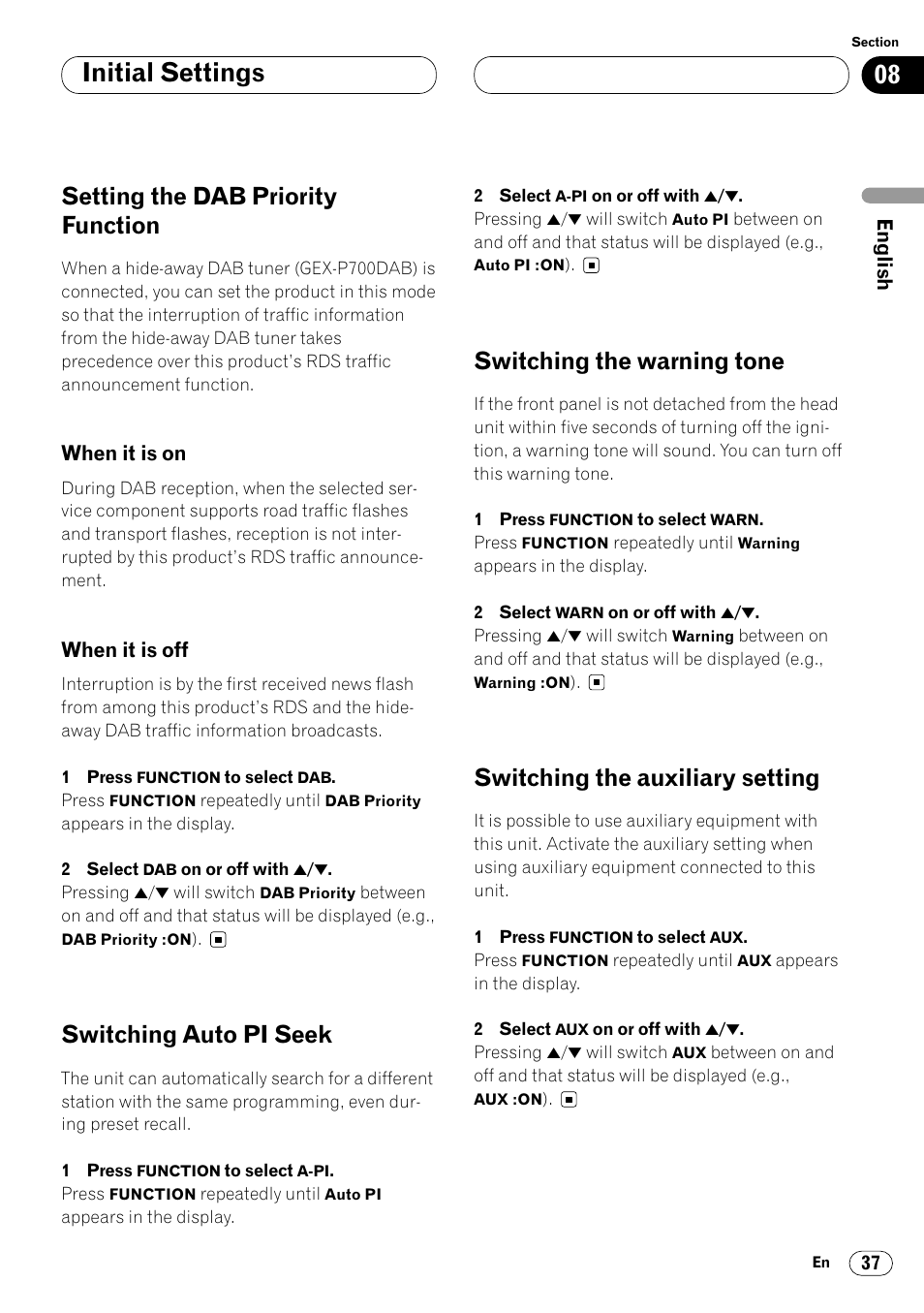 Setting the dab priority function 37, When it is on 37 • when it is off 37, Initial settings | Setting the dab priority function, Switching auto pi seek, Switching the warning tone, Switching the auxiliary setting | Pioneer DEH-P6400R User Manual | Page 37 / 96