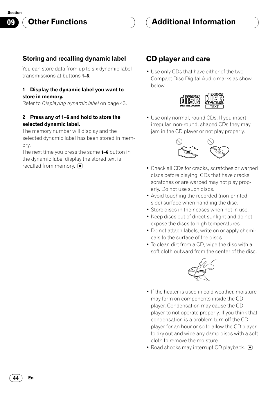 Storing and recalling, Dynamic label 44, Additional information cd player and care 44 | Other functions additional information, Cd player and care | Pioneer DEH-P6400R User Manual | Page 44 / 96